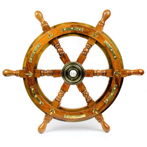 Nagina International Nautical Premium Sailor's Hand Crafted Brass & Wooden Ship Wheel | Luxury Gift Decor | Boat Collectibles (Anchor & Strip)