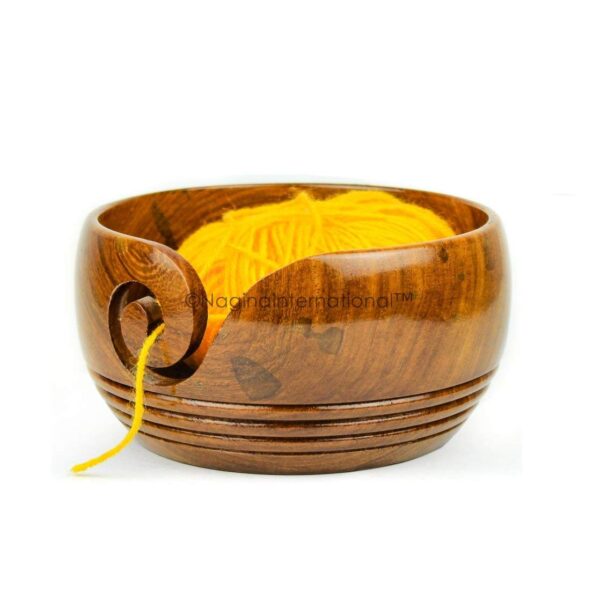 Solid Teak Wood Crafted Wooden Yarn Ball Storage Bowl with Spiral Yarn Dispenser & Decorative Rings | Knitting Crochet Accessories | Nagina International