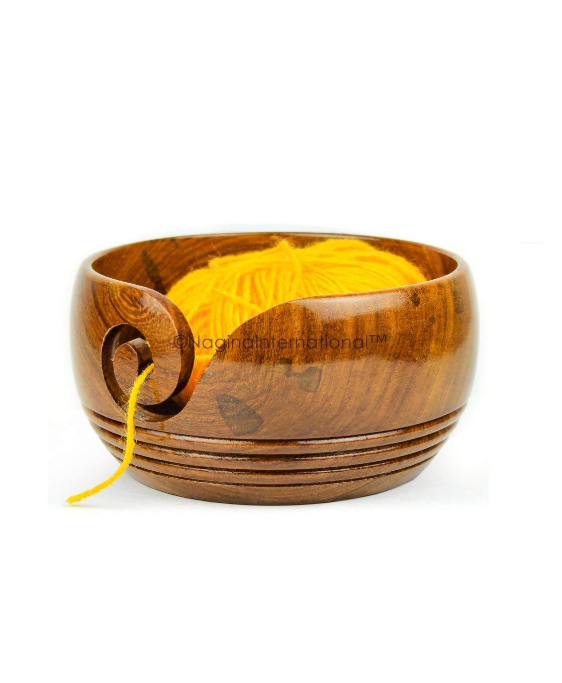 Solid Teak Wood Crafted Wooden Yarn Ball Storage Bowl with Spiral Yarn Dispenser & Decorative Rings | Knitting Crochet Accessories | Nagina International