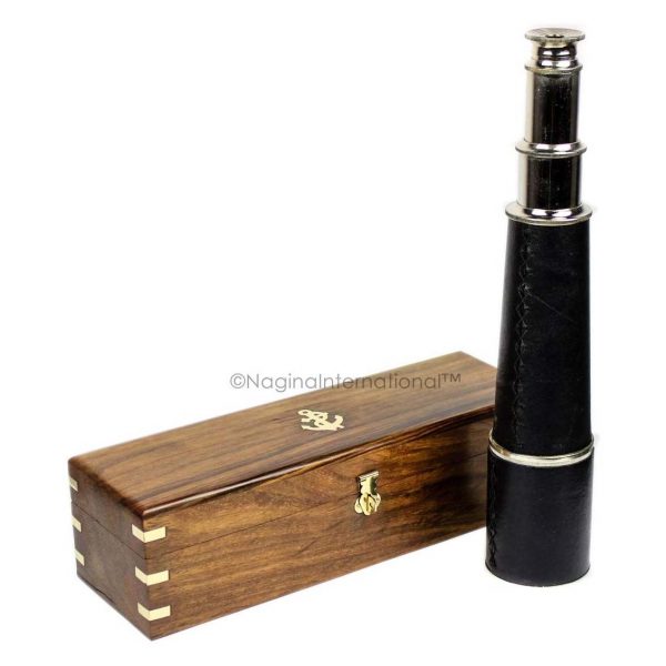 32" Solid Antique Black Brass Spyglass With Genuine Rosewood Decorative Anchor Inlaid Storing Case