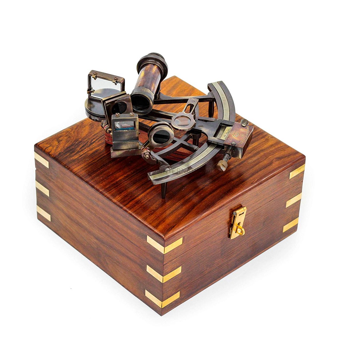 Nagina International Nautical Pirate's Maritime Astronomical Brass Sextant with Decorative Anchor Inlaid Rosewood Storage Wooden Box | Exclusive Decor Gifts (Antique Brass)