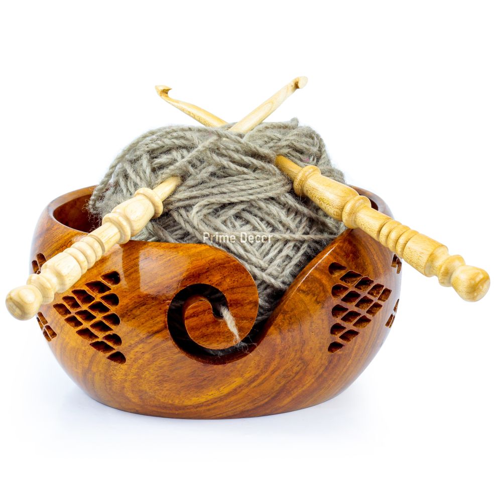 Premium Rosewood Crafted Yarn Storage Bowls with Decorative Carved Handmade Grills - Knitting & Crochet Accessories Supplies