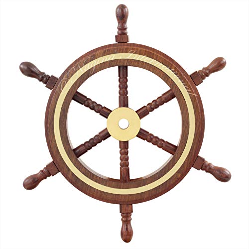Nagina International Hand Crafted Premium Nautical Wooden Ship Wheel | Exclusive Pirate's Wall Decor | Ocean & Beach Maritime Nursery Decorative Hanging (6 Inches, Natural Wood - Brass Ring)