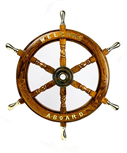 Nagina International Welcome Aboard Embedded Premium Handcrafted Nautical Pirate's Wall Decor Ship Wheel (24 Inches, Brass Handle)