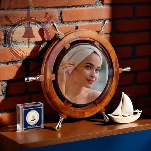 Nagina International Premium Wood Hand Crafted Nautical Ship Wheel Mirror | Captain's Maritime Beach Home Decor Wall Hanging ( 24 Inches )