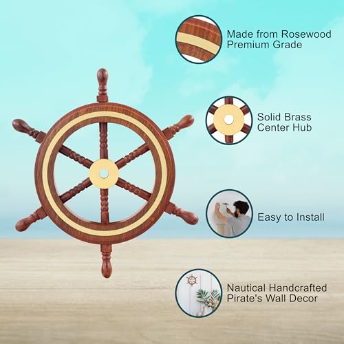 Nagina International Hand Crafted Premium Nautical Wooden Ship Wheel | Exclusive Pirate's Wall Decor | Ocean & Beach Maritime Nursery Decorative Hanging (6 Inches, Natural Wood - Brass Ring)