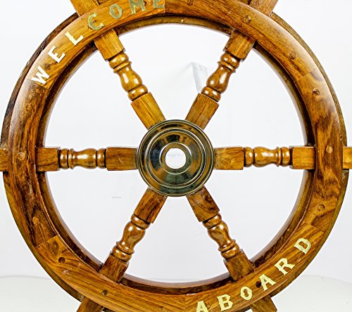 Nagina International Welcome Aboard Embedded Premium Handcrafted Nautical Pirate's Wall Decor Ship Wheel (24 Inches, Brass Handle)