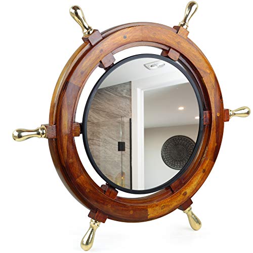 Nagina International Premium Wood Hand Crafted Nautical Ship Wheel Mirror | Captain's Maritime Beach Home Decor Wall Hanging ( 24 Inches )