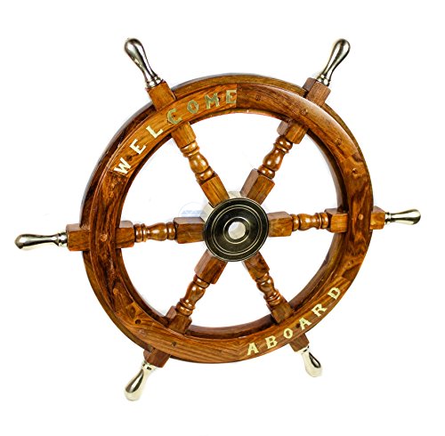 Nagina International Welcome Aboard Embedded Premium Handcrafted Nautical Pirate's Wall Decor Ship Wheel (24 Inches, Brass Handle)