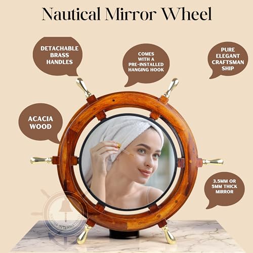 Nagina International Premium Wood Hand Crafted Nautical Ship Wheel Mirror | Captain's Maritime Beach Home Decor Wall Hanging ( 24 Inches )