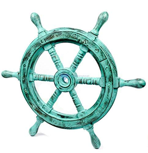 Nagina International Nautical Handcrafted Wooden Ship Wheel - Home Wall Decor (24 Inches, Antique Green)
