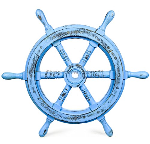 Nagina International Premium Nautical Handcrafted Wooden Ship Wheel | Pirate's Wall Home Decor & Gifts (18 Inches, Antique Sky Blue)