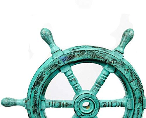 Nagina International Nautical Handcrafted Wooden Ship Wheel - Home Wall Decor (24 Inches, Antique Green)
