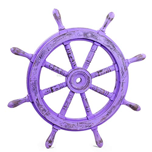 Nagina International Nautical Hand Crafted Wooden Antique Violet Vintage Pirate's Ship Wheel - Home Decor - Pirate Nursery Gift (24 Inches)