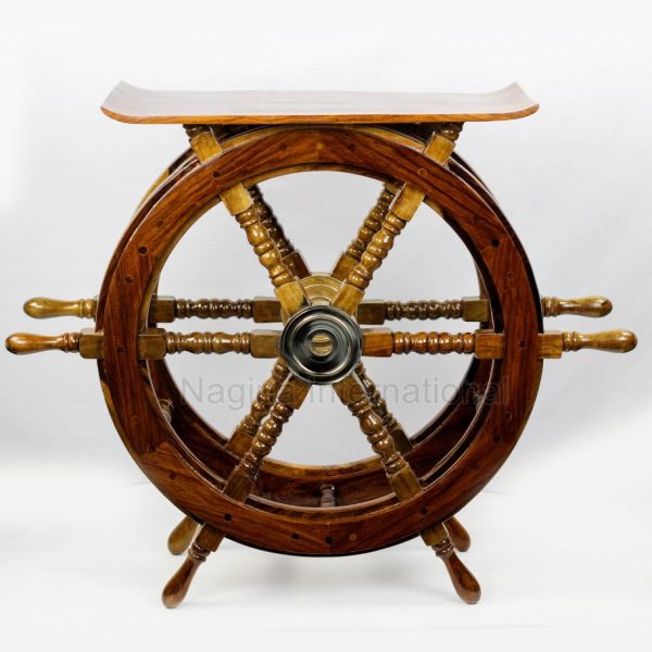 Nagina International Wooden Ship Wheel Home Decor Table | Pirate's Antique Brass Hub Motiff