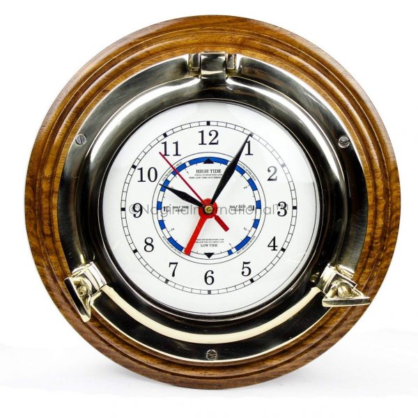 Nagina International 8" Premium Wooden Based Nautical Brass Ship's Porthole Time's Quartz Clock | Pirate Home Decorative Wall Hanging