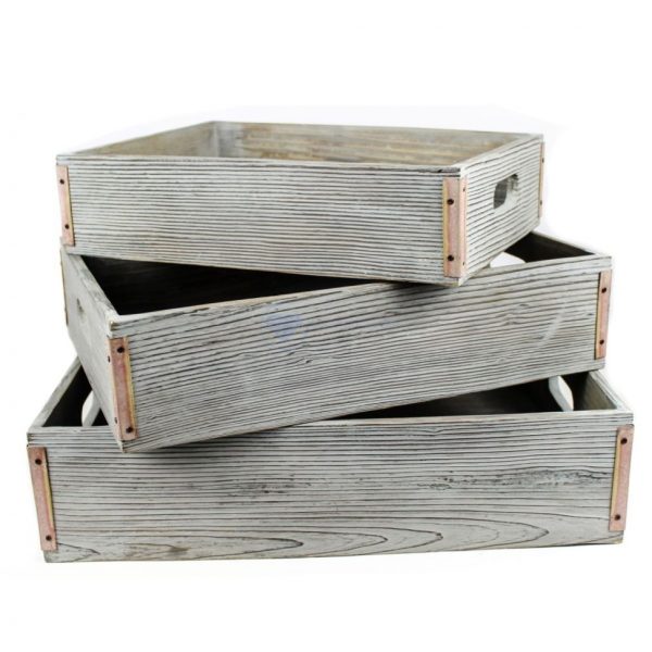 Set of 3 Large Wooden Premium Rustic Antique Weathered Grey Trays | Dinner Tray | Maritime Decor Gifts | Hand Crafted Crates | Nagina International