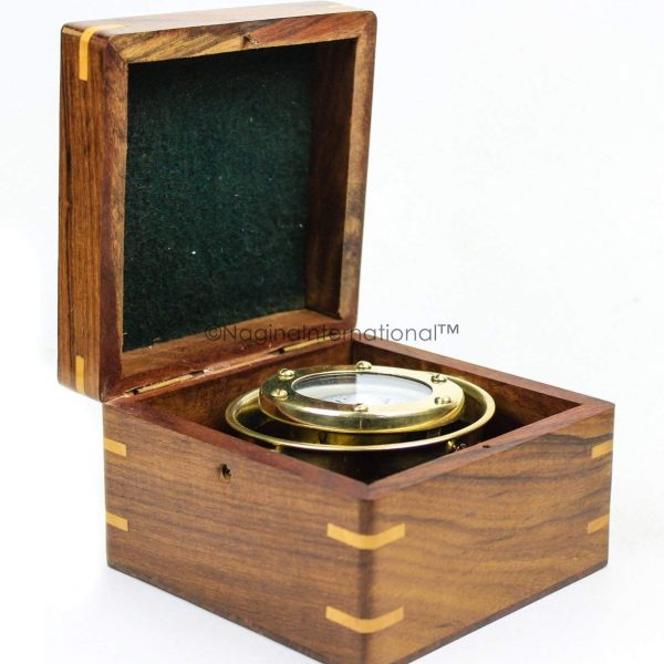 Nagina International Nautical Rosewood Cased Brass Polished Gimbal Compass | Nautical Decor & Instruments