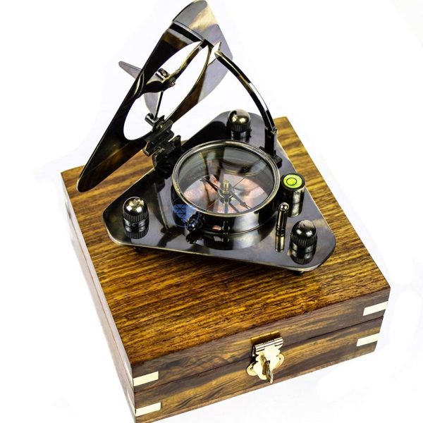 Nagina International Vintage Beautiful Antique Classic Functiona Triangular Compass with Anchor Inlaid Rosewood Case