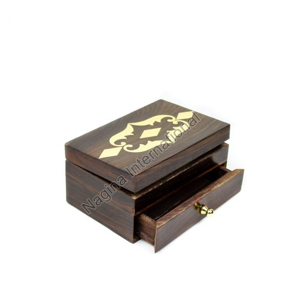 Rosewood Crafted Multi-Drawer Style Wooden Box With Brass Inlaid