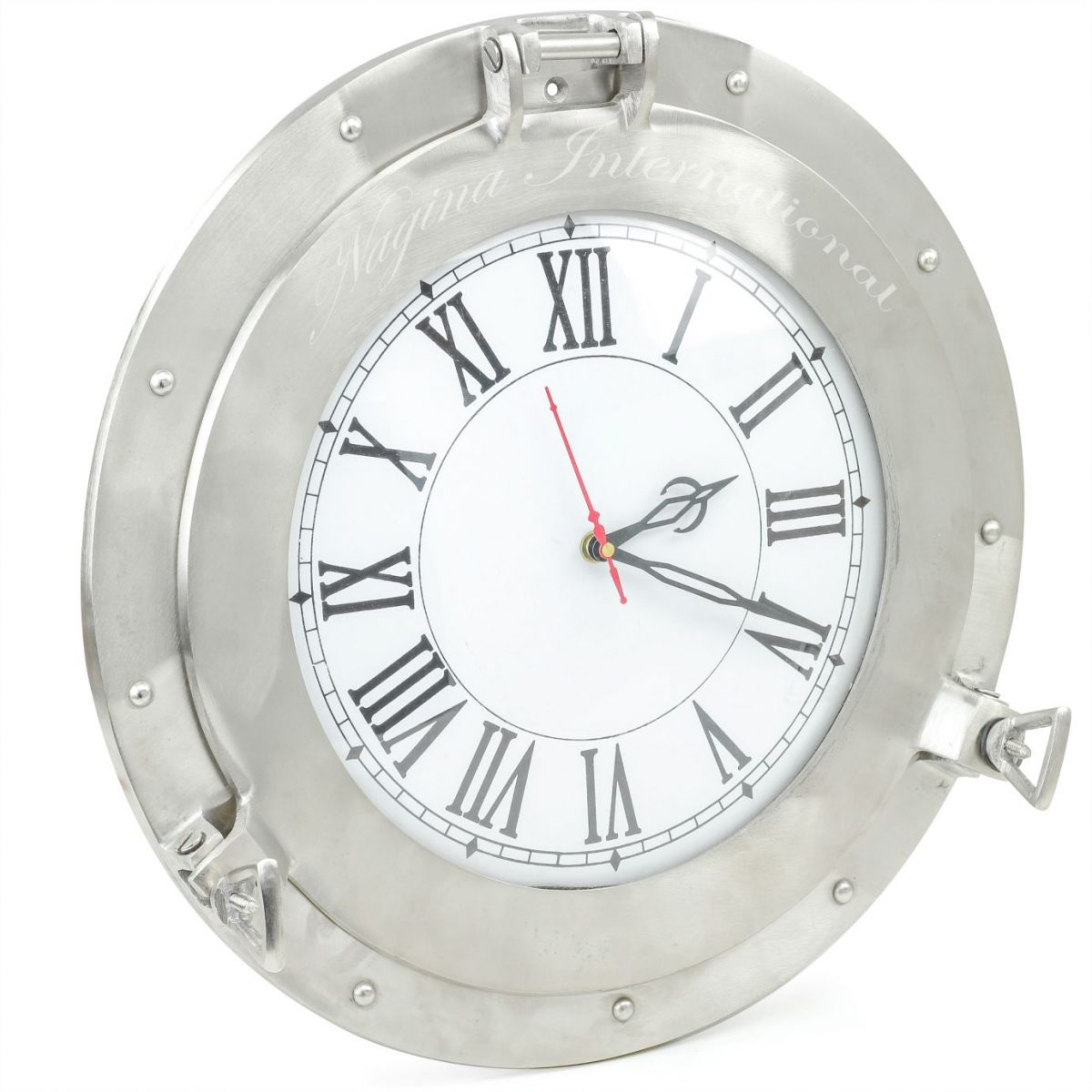Nagina International Brushed Nickel Aluminum Metal Roman Porthole Clock | Nautical Navy Decor Gifts