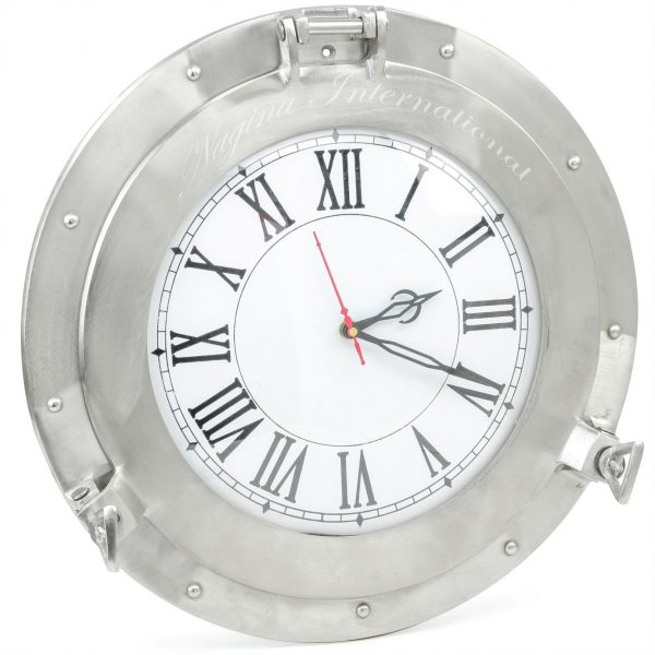 Nagina International Brushed Nickel Aluminum Metal Roman Porthole Clock | Nautical Navy Decor Gifts