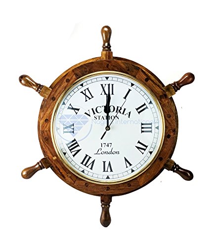 Nagina International Nautical Handcrafted Wooden Premium Wall Decor Wooden Clock Ship Wheels | Pirate's Accent | Maritime Decorative Time's Clock (18 Inches, Clock Size - 10 Inches)