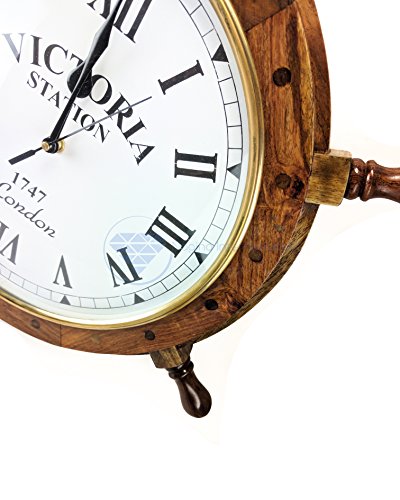 Nagina International Nautical Handcrafted Wooden Premium Wall Decor Wooden Clock Ship Wheels | Pirate's Accent | Maritime Decorative Time's Clock (18 Inches, Clock Size - 10 Inches)