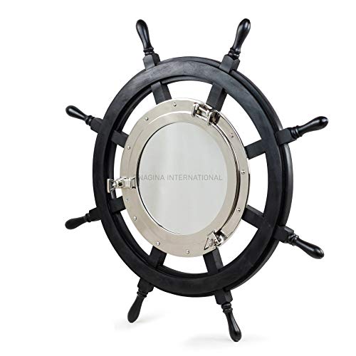 Nagina International 24" Premium Matte Black Solid Wood Pirate's Ship Wheel with 10" Aluminum Polished Porthole Mirror | Captain's Maritime Beach Home Decor