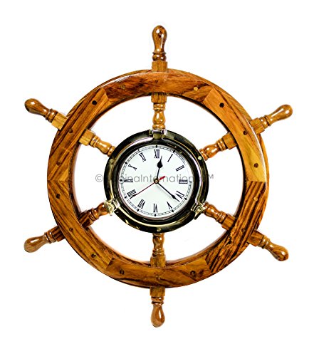 Nagina International Glorious Nautical Ship Wheel with Brass Polished Porthole Accentuated Time's Clock Mounted | Bay Home Decor Gifts