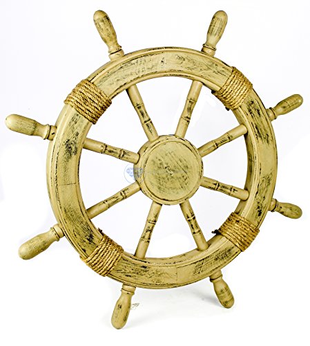 Nagina International Antique Vintage Brown Nautical Pirate's Premium Handcrafted Wooden Ship Wheel with Accentual Ropes | Maritime Exclusive Wall Decor Gift