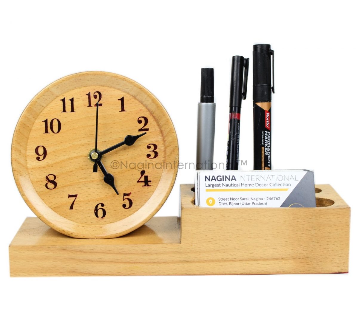 Nagina International Elegant Hand Crafted Wooden Steamed Beech Time's Desk Clock with Pen & Business Visitors Card Holder | Office Decor Time's Clock