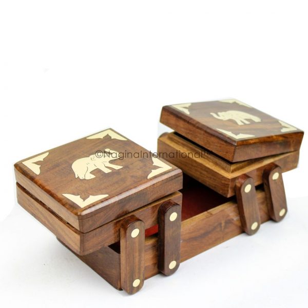 Nagina International Fold-able Brass Inlaid Beautiful Rosewood Handmade Sliding Storage Box | Trivial & Jewelry Storage Box (Elephant)