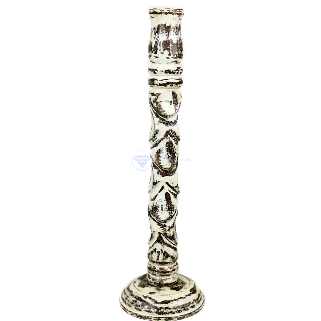 Nagina International Palm Trunk Antique White Wood Crafted Premium Candle Holder | Exclusive Table Vintage Decor