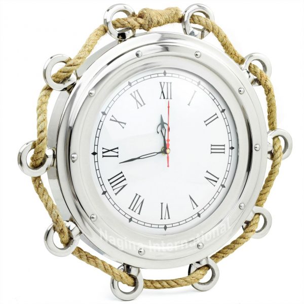 Nagina International Aluminum Nickel Plated Nautical Pirate's Maritime Wall Decor Time's Clock with Accentual Rope | Porthole Clock & Home Decor
