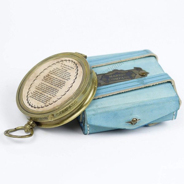 Nagina International, ''Robert Frost Poem'' Engraved Brass Compass with Embossed Needle & with Leather Case. C-3241