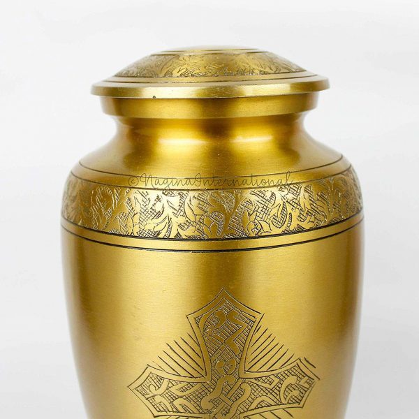 Aluminum Metal Cremation Urns for Ashes & Mortal Remains | Handmade Beautiful Urns for Humans and Pets (Cross Brass Antique)