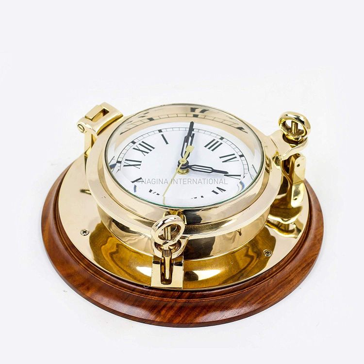 Solid Brass Porthole Clock On MDF Wooden Base - (10 Inches