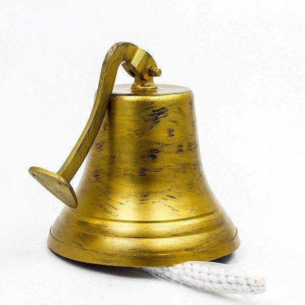 Nagina International 11" Golden Antique Brushed Brass Nautical Decorative Boat's Functional Bell with Brass Clapper | Rustic Antique Finish - Shipwrecked Bell