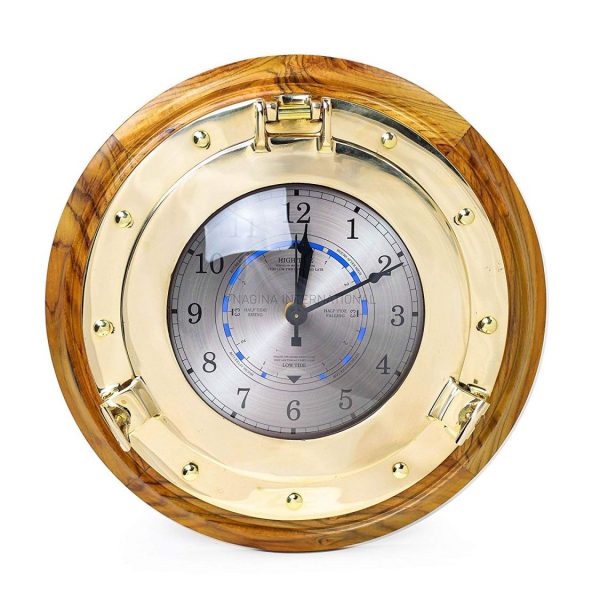 Nagina International Mahogany Maritime Authentic Wood Brass Porthole Fitted Nautical Tide Clock & Time Clock with Takane Tide Motor | Weather Clock Station