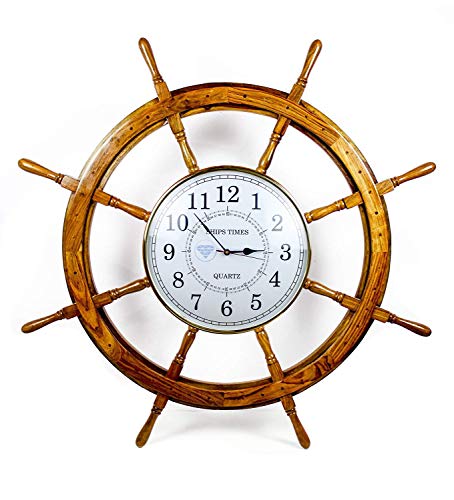 Nagina International Nautical Handcrafted Wooden Premium Wall Decor Wooden Clock Ship Wheels | Pirate's Accent | Maritime Decorative Time's Clock (42 Inches, Clock Size - 14 Inches)