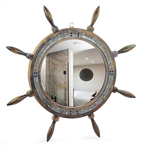 Nagina International 28" Antique Mirror Ship Wheel with Iron Bent Strip & Rippets | Premium Rustic Decor