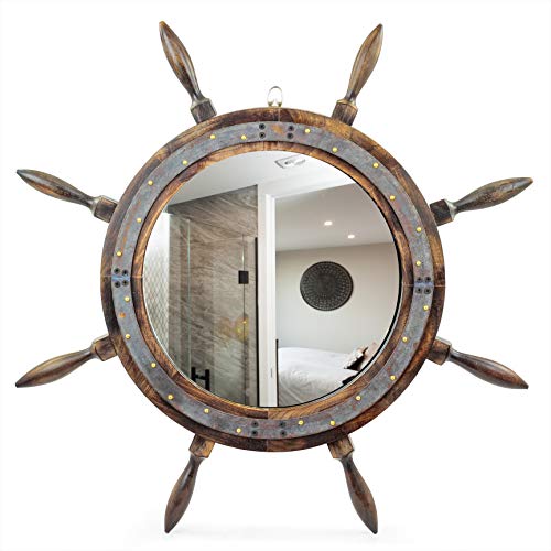 Nagina International 28" Antique Mirror Ship Wheel with Iron Bent Strip & Rippets | Premium Rustic Decor