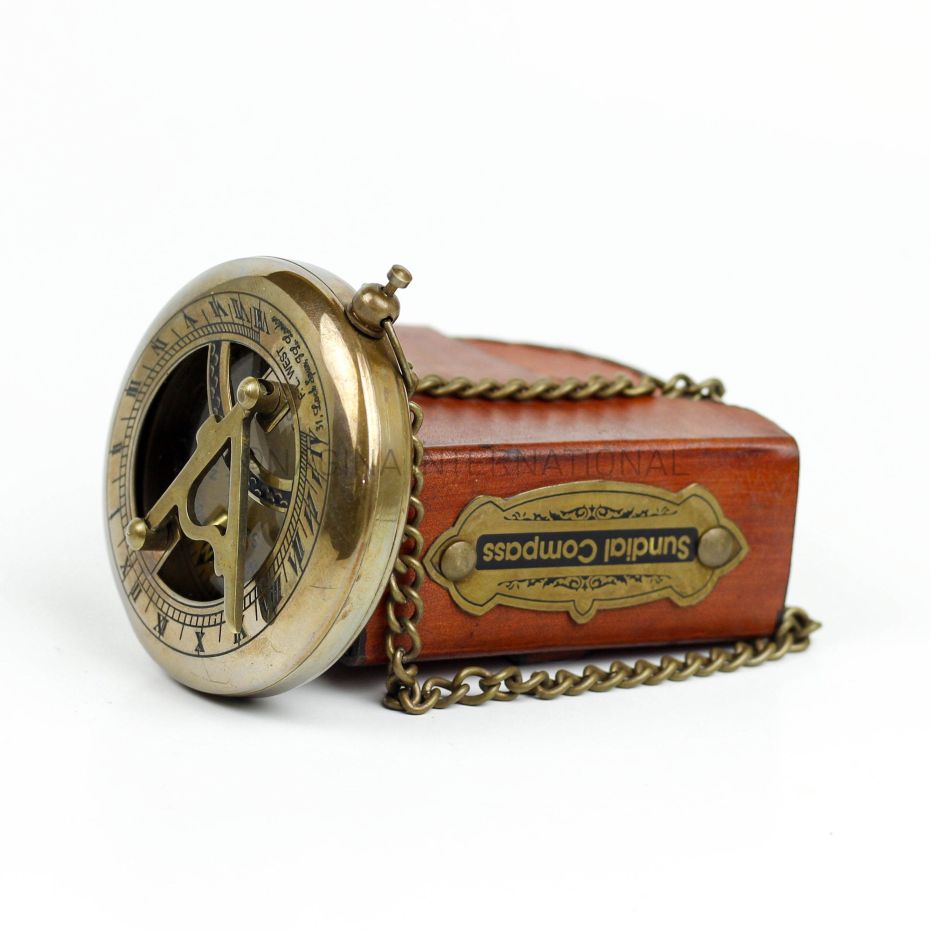 Details about   Nautical Two Tone Antique Sundial Compass With Black Leather Case 
