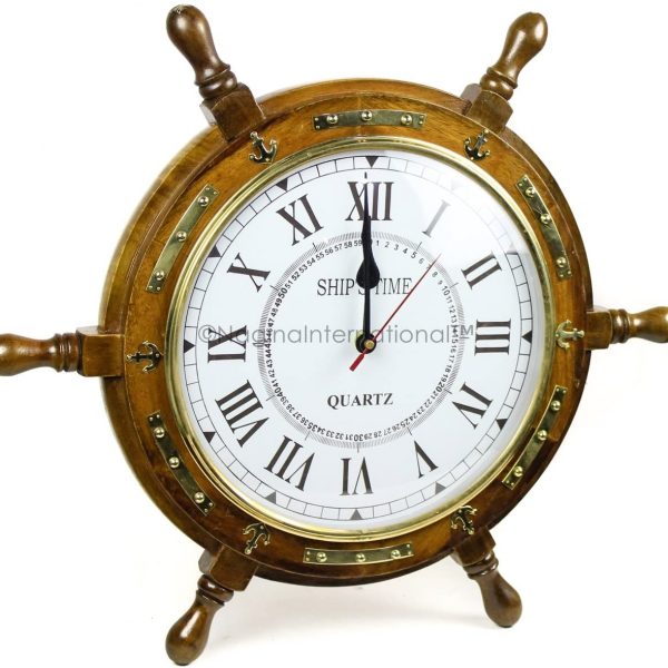 Nagina International Maritime Brass Anchor Strip Studded Beautiful Rosewood Premium Nautical Ship's Wheel Time's Clock | Great Authentic Home Decor (24 Inches)
