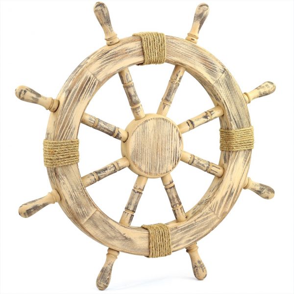 Beige Wooden Nautical Pirate's Ship Wheel | Pinewood Sailor's Boat Steering Wheel | Maritime Wall & Home Decor Hanging Signs | Vintage Captain's Style Beautiful Decoration Rope Ideas