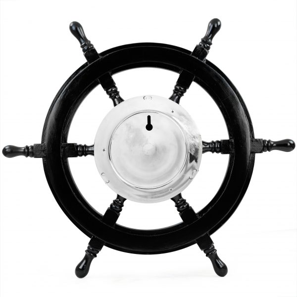 Nagina International 24" Nautical Black Pirate Boat Ship Wheel with 4" Brass Porthole Clock - Pirate Home Decor