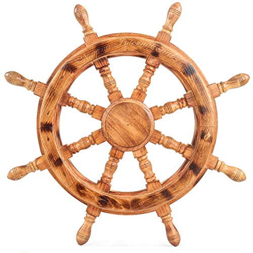 Nautical Wooden Ship Wheel Handcrafted Premium Heavy Wall Decor Accents & Sculptures | Rustic Primitive Antique Finish | Wall Hanging Ideas | Maritime Captain's Ocean Themed Gifts (Ochre) (16 Inches)