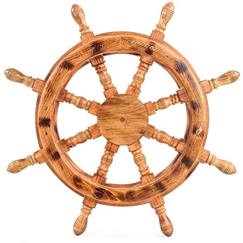 Nautical Wooden Ship Wheel Handcrafted Premium Heavy Wall Decor Accents & Sculptures | Rustic Primitive Antique Finish | Wall Hanging Ideas | Maritime Captain's Ocean Themed Gifts (Ochre) (16 Inches)