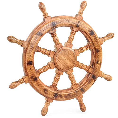 Nautical Wooden Ship Wheel Handcrafted Premium Heavy Wall Decor Accents & Sculptures | Rustic Primitive Antique Finish | Wall Hanging Ideas | Maritime Captain's Ocean Themed Gifts (Ochre) (16 Inches)